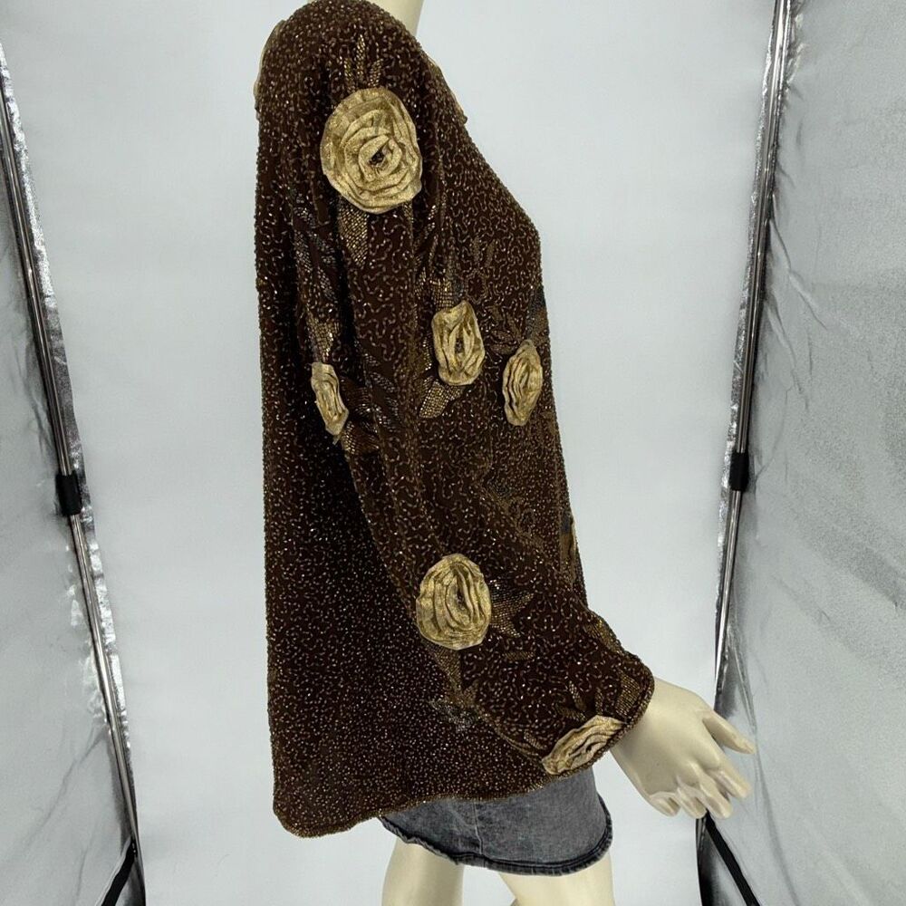 Vintage Joan Leslie Studio Silk Beaded Floral Top Saks Fifth Avenue 2X Brown Gol - Picture 3 of 15